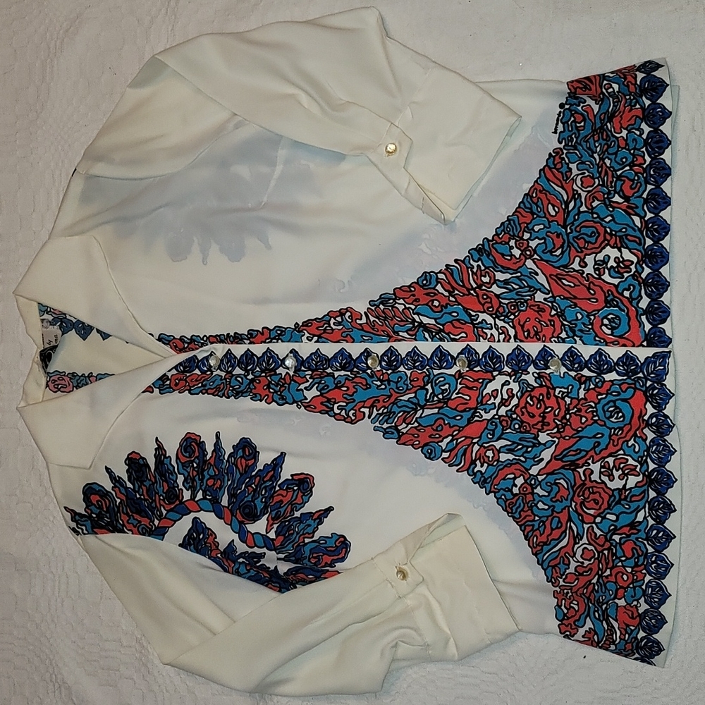 Vintage blouse authentic 60's 100% polyester button down white floral sz Med